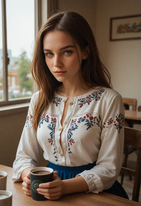 score_9, score_8_up, score_7_up, score_6_up,
1girl, 25 years old, perfect face, adult, looking at viewer,
blue eyes, freckles,
ukrainian female, Vyshyvanka, Ukrainian embroidered shirt, embroidered shirt,
embroidered shirt, skirt, modern cafe, modern city, drink coffee, sit in chair, coffee on table, side view