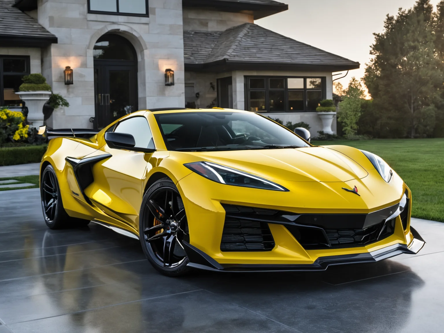 a professional closeup photo of cvttz06 car complete car, parked in front of a beautiful modern house, 8k, uhd, sublime, breathtaking , specular highlights <lora:cvttz06_car_t12_SDXL-000010:0.7>