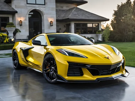 a professional closeup photo of cvttz06 car complete car, parked in front of a beautiful modern house, 8k, uhd, sublime, breathtaking , specular highlights <lora:cvttz06_car_t12_SDXL-000010:0.7>