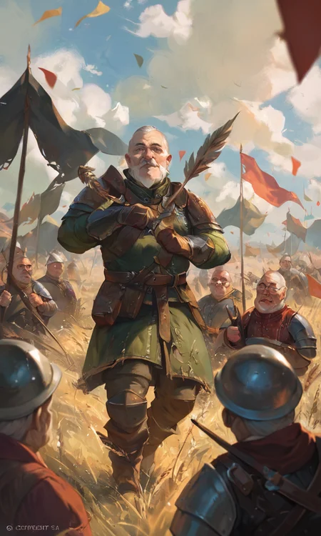 score_9, score_8_up, score_7_up, BREAK, gwentstyle, old man, soldier, in a cornfield, party, win, medieval, epic shot, (dark fantasy:1.2), soft light, <lora:GwentStyle_v2:0.85>