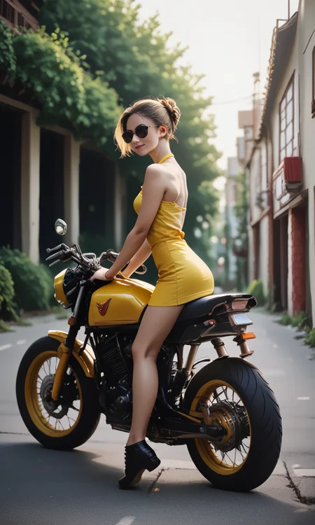 score_9, score_8_up, score_7_up, score_6_up, score_5_up, score_4_up, sitastmo, (side view)++++ , slim girl sitting on yellow motorcycle , short dress , (dark short wild hairstyle)
<lora:SitAstrideMotorCyclePony:1>