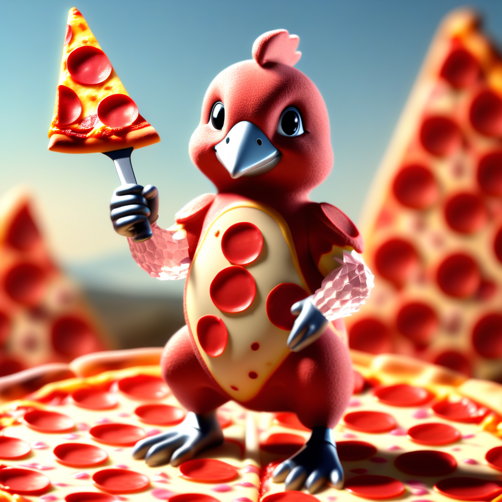 portrait, full body, beak, bodysuit, holding weapon, crystal, blue sky, pizza, dress