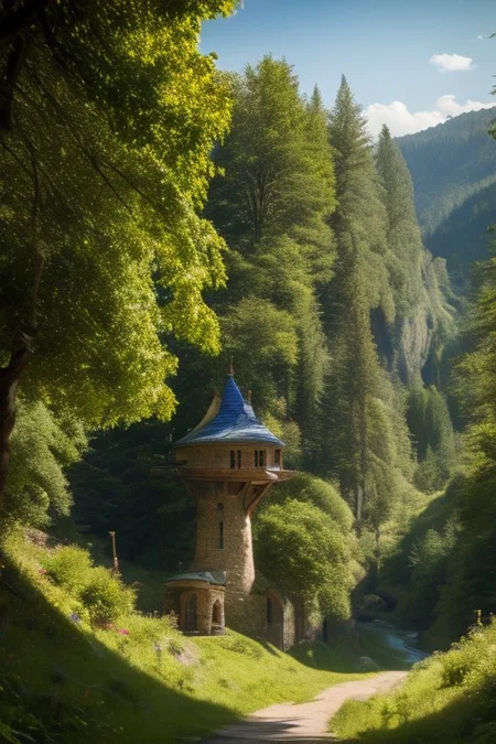 realistic analog photo, award winning photo, stone witow, no humans, scenery, blue sky, road, nature, outdoors, RAW, highres, 8k, uhd, High Dynamic Range, tonemapping, crisp details, portcullis,