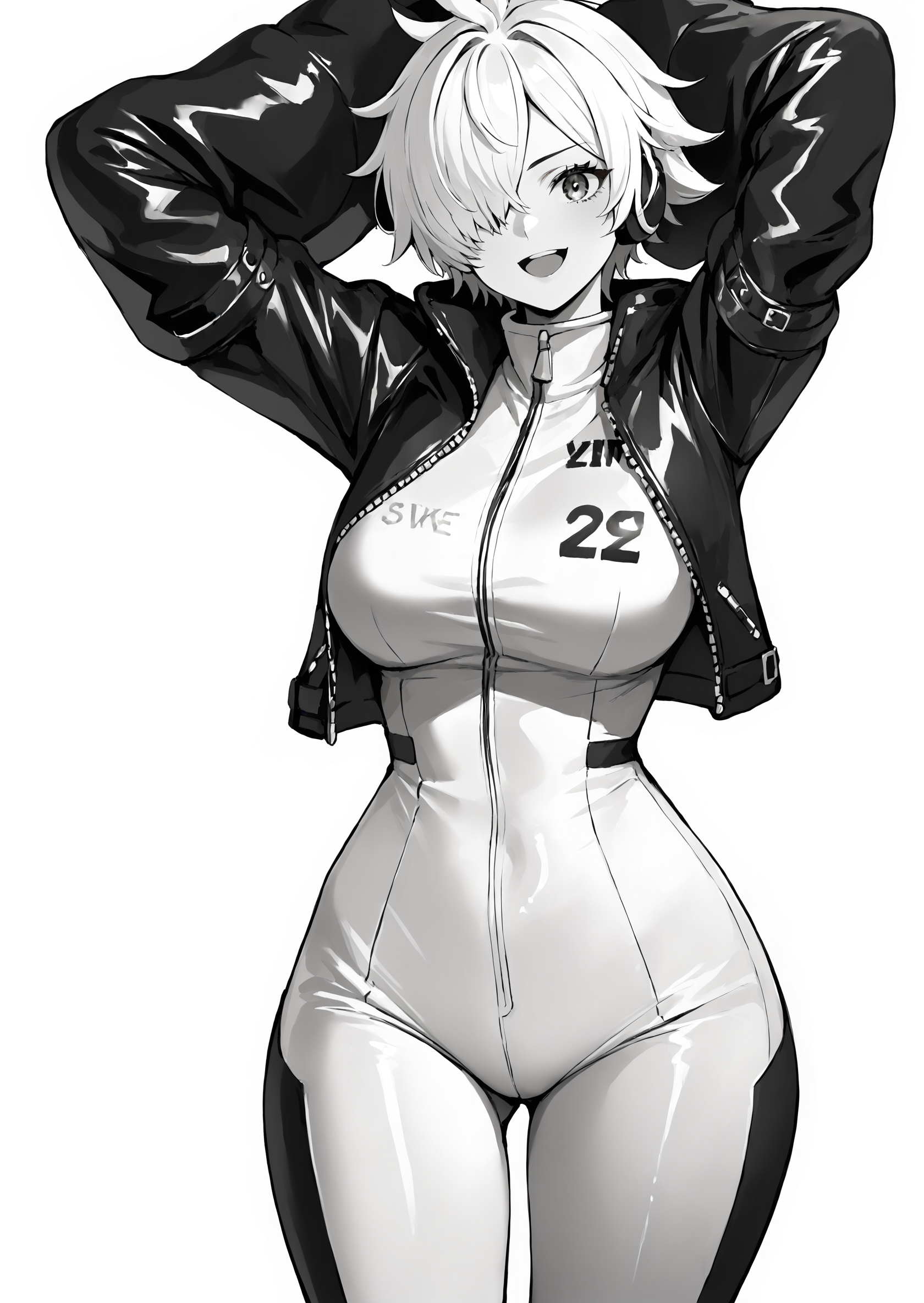 score_9, score_8_up, score_7_up, score_6_up, score_5_up, score_4_up, thick lines, anime, masterpiece, egghd <lora:One_Piece_Egghead_arc_female_clothes:0.9>, 1girl, solo, breasts, looking at viewer, smile, short hair, open mouth, large breasts, simple background, white background, jacket, monochrome, greyscale, hair over one eye, arms up, black jacket, bodysuit, leather, leather jacket BREAK source_anime