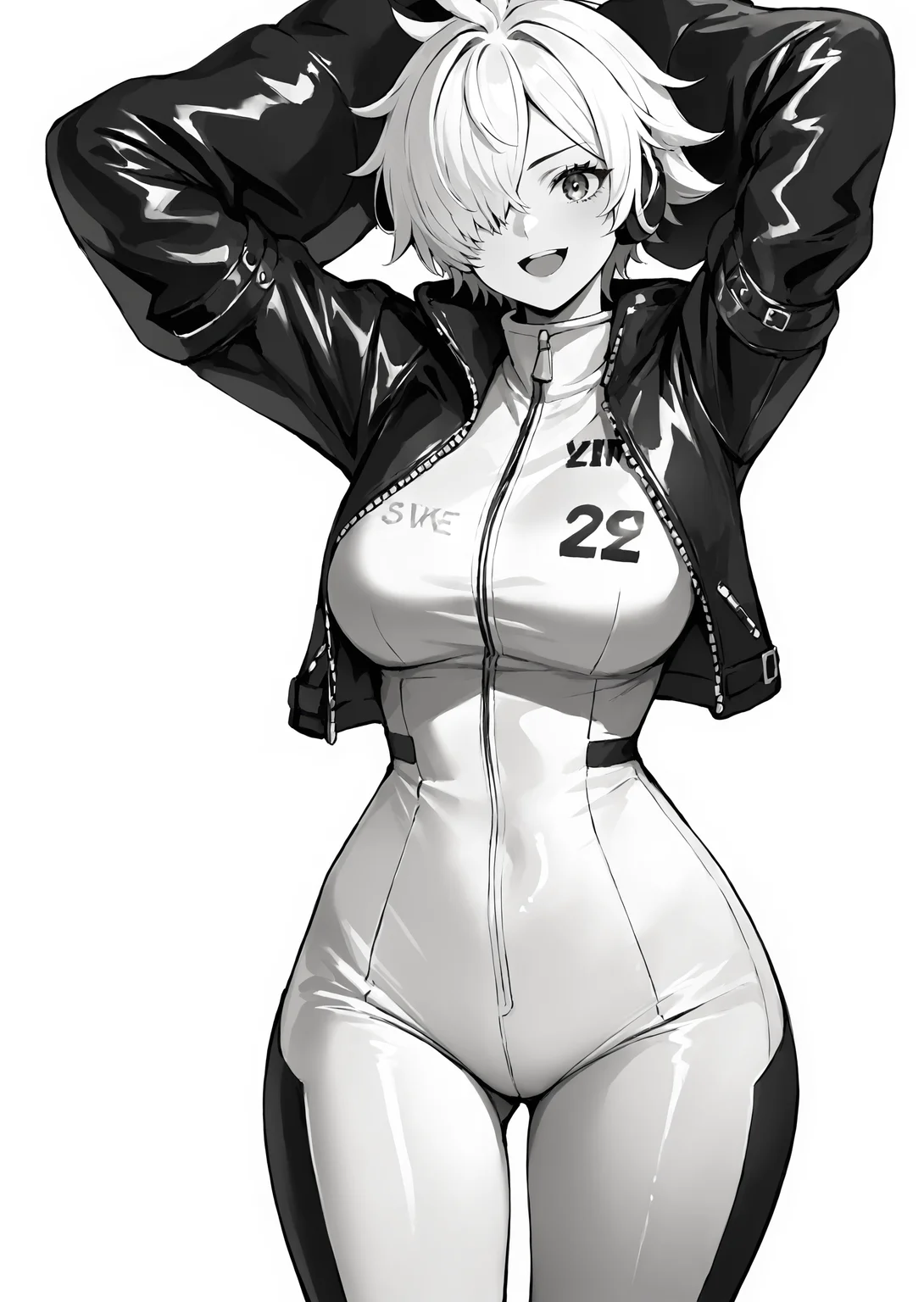 score_9, score_8_up, score_7_up, score_6_up, score_5_up, score_4_up, thick lines, anime, masterpiece, egghd <lora:One_Piece_Egghead_arc_female_clothes:0.9>, 1girl, solo, breasts, looking at viewer, smile, short hair, open mouth, large breasts, simple background, white background, jacket, monochrome, greyscale, hair over one eye, arms up, black jacket, bodysuit, leather, leather jacket BREAK source_anime