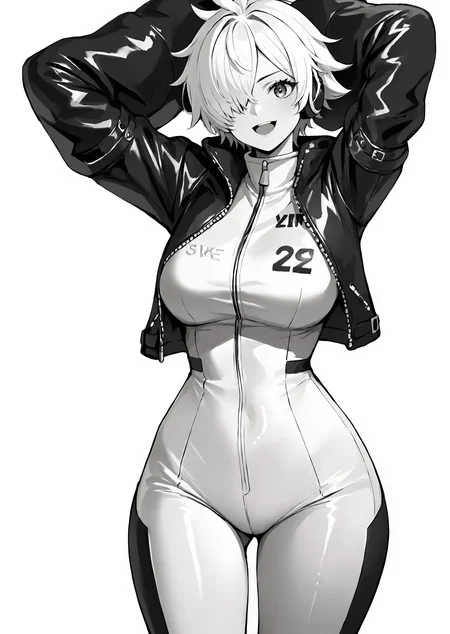 score_9, score_8_up, score_7_up, score_6_up, score_5_up, score_4_up, thick lines, anime, masterpiece, egghd <lora:One_Piece_Egghead_arc_female_clothes:0.9>, 1girl, solo, breasts, looking at viewer, smile, short hair, open mouth, large breasts, simple background, white background, jacket, monochrome, greyscale, hair over one eye, arms up, black jacket, bodysuit, leather, leather jacket BREAK source_anime