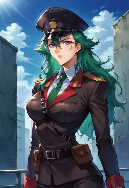 Score_9_up, score_8_up, score_7_up, source_anime, BREAK 1girl, solo, natzabi, long hair, green hair, hair between eyes, Glasses, purple eyes, breasts, hourglass figure, military uniform, tie, military cap, pants, Belt,