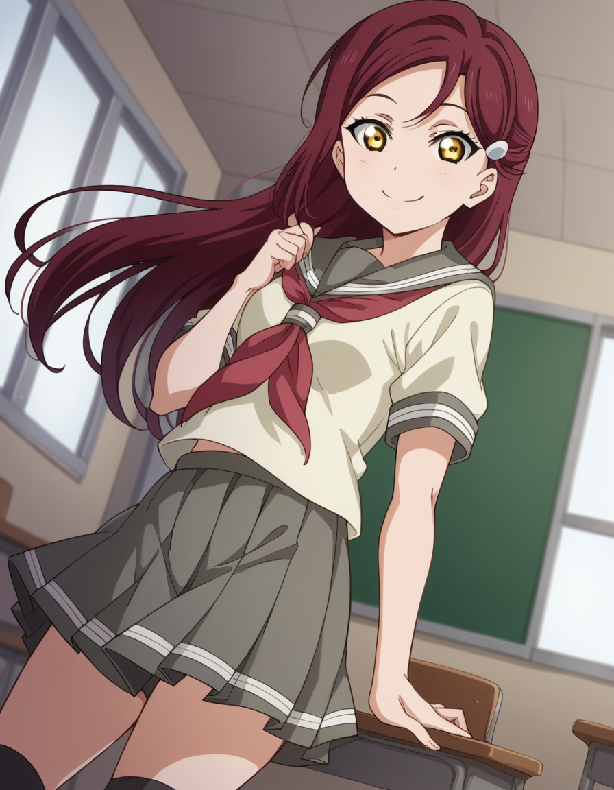 score_9, score_8_up, score_7_up, source_anime, <lora:riko-sakurauchi-s2-ponyxl-lora-nochekaiser:1>, riko sakurauchi, long hair, hair ornament, yellow eyes, red hair, hairclip,, skirt, school uniform, short sleeves, pleated skirt, serafuku, socks, neckerchief, kneehighs, black socks, red neckerchief, grey skirt, uranohoshi school uniform,, indoors, smile, looking at viewer, solo,, cowboy shot, dutch angle
