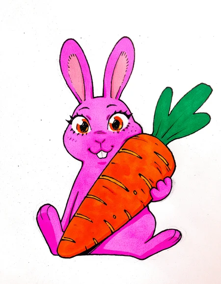 best quality, highres, absurdres, (traditional media, refined digital media \(artwork\):0.6),  masterpiece, 
(artist: JJFrenchie/Joel Jurion, artist: sabu \(sabudenego\):0.6),
cute rabbit, sitting, looking at viewer, holding carrot,
parody, 
 <lora:Simple Manga Drawing Illustrious:0.8>