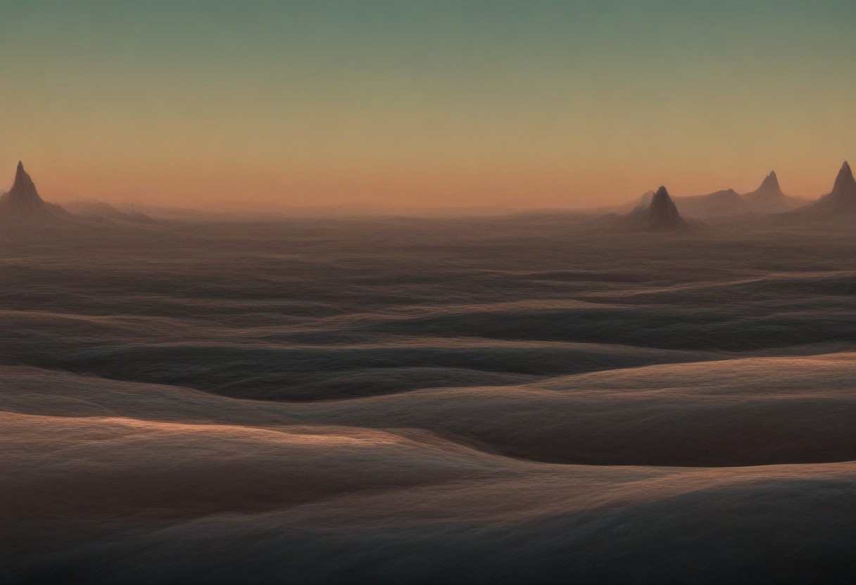 A beautiful landscape at sunset red filter, on an alien world, dramatic lighting, large moon in the sky, jade rocks, waterfalls, deep crevices, uhd, ultra-detailed, photography, f/8 photo, monoprone, nmskyrim