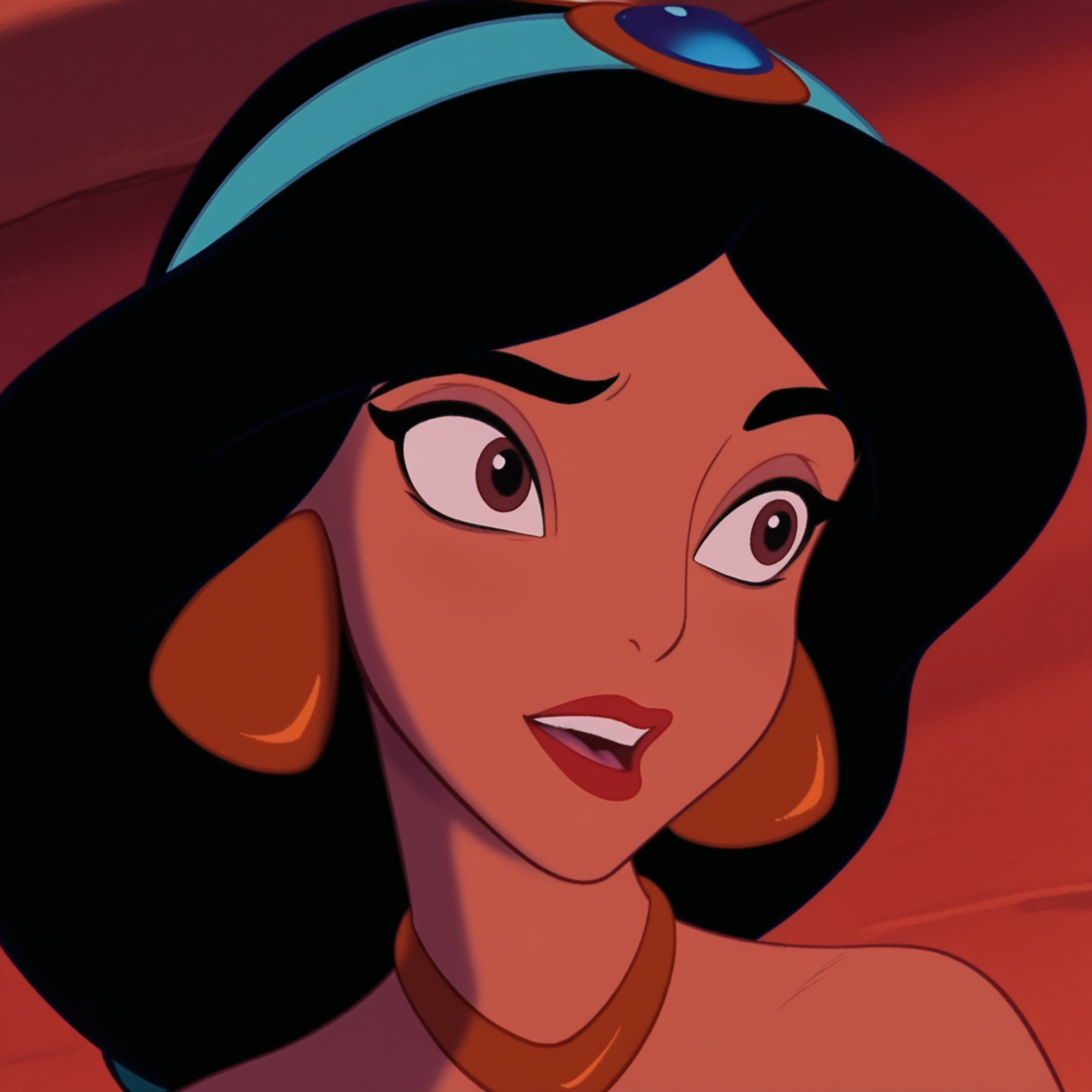1girl, masterpiece, best quality, amazing quality,  absurdres, <lora:Jasmine__Aladdin__Illustrious:1>  j4sm1n3, jasmine (aladdin), black hair, very long hair, tied hair, brown eyes, lipstick, hairband, earrings, jewelry