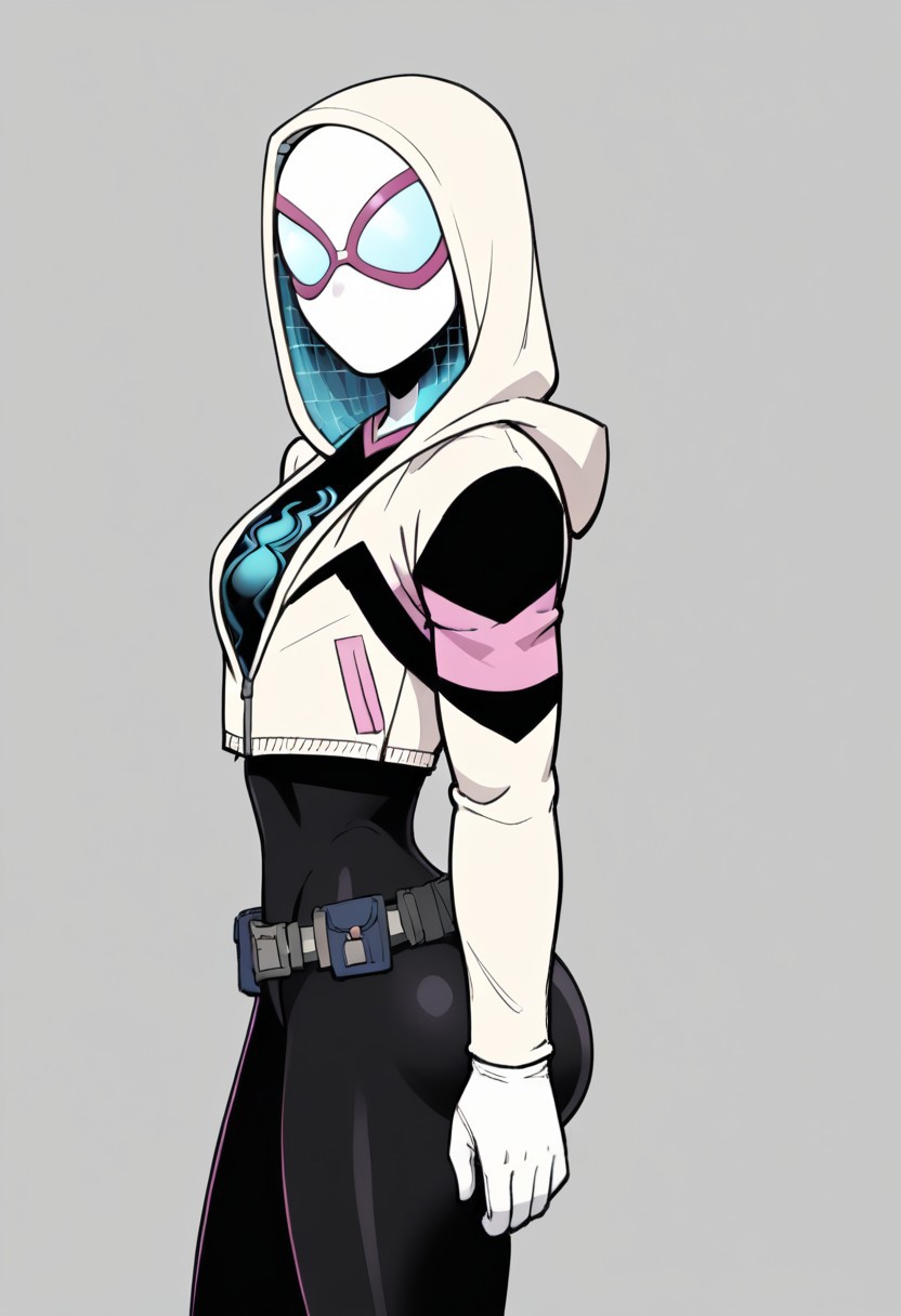 white background, 2d, 1girl, solo, masterpiece, best quality, extreme detail, hourglass figure, wide hips, round boobs, medium breasts, narrow waist, mature female, 1girl, solo, Marvel, Spider-Gwen, white hoodie, cropped hoodie, mask, white mask, black bodysuit, bodysuit, white gloves, utility belt, web print, pink trim, blue accents, covered face, no pupils, hood up, no mouth, 
 upper body, close up, looking at viewer, side view, view from the side, bubble butt,