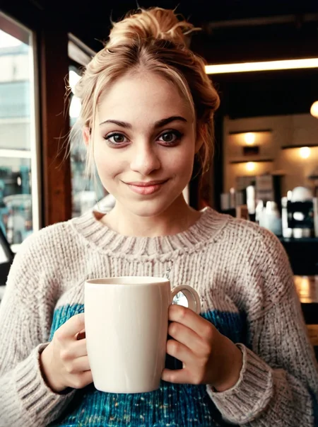 analog photograph of 1girl looking like Kristen_Sims_P_MXAI_SDXL , wearing a cozy knitted sweater, sitting in a café, holding a steaming mug with both hands, happy expression, filmgrain