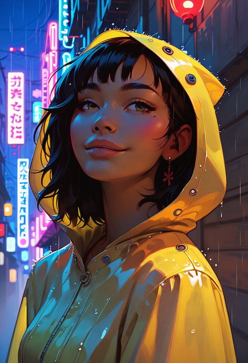 score_9, score_8_up, score_7_up, score_6_up, score_5_up, score_4_up, sexy asian girl , cute smile , hooded raincoat ,  aesthetic , side portrait , half body portrait , tokyo street , street lights , neon lights , raining , light signs