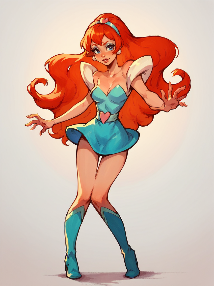 score_9, score_8_up, score_7_up, score_6_up, score_5_up,   <lora:kimberlySAXLP:1> kimberlysa, 1girl, solo, long hair, orange hair, blue eyes, makeup, knee boots, dress,    white background,