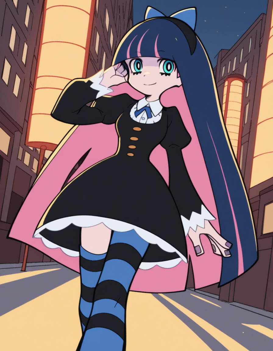 score_9, score_8_up, score_7_up, source_anime, <lora:stocking-anarchy-anime-ponyxl-lora-nochekaiser:1>, stocking anarchy, blue eyes, blue hair, colored inner hair, hair bow, long hair, multicolored hair, pink hair, two-tone hair, bangs, blunt bangs,, striped, striped thighhighs, thighhighs, dress, black dress, puffy sleeves, long sleeves, skirt, shirt, collared shirt, white shirt,, city street, evening, streetlights, walking dog, quiet neighborhood, gentle breeze, smile, looking at viewer, foot forward, hand behind head, elbow down, solo,, cowboy shot, dutch angle