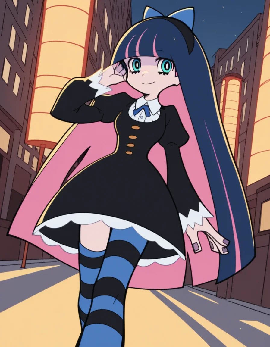 score_9, score_8_up, score_7_up, source_anime, <lora:stocking-anarchy-anime-ponyxl-lora-nochekaiser:1>, stocking anarchy, blue eyes, blue hair, colored inner hair, hair bow, long hair, multicolored hair, pink hair, two-tone hair, bangs, blunt bangs,, striped, striped thighhighs, thighhighs, dress, black dress, puffy sleeves, long sleeves, skirt, shirt, collared shirt, white shirt,, city street, evening, streetlights, walking dog, quiet neighborhood, gentle breeze, smile, looking at viewer, foot forward, hand behind head, elbow down, solo,, cowboy shot, dutch angle