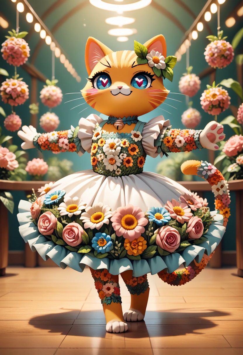 score_9, score_8_up, score_8, source_furry,
slimes_flowerwm,
1girl, solo, (cat:1.05), cute, heart pupils, smug, tail, standing, dancing,
blurry background, dress made of flowers,
sunny meadow background, 
pikaole
