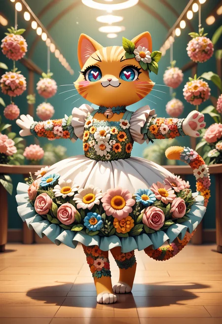 score_9, score_8_up, score_8, source_furry,
slimes_flowerwm,
1girl, solo, (cat:1.05), cute, heart pupils, smug, tail, standing, dancing,
blurry background, dress made of flowers,
sunny meadow background, 
pikaole