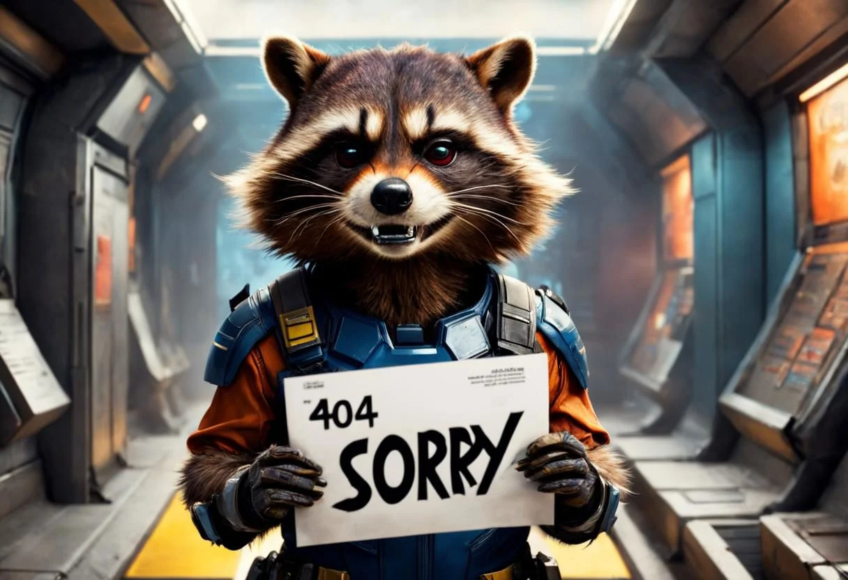rocket raccoon from guardians of the galaxy, severe emotion,
(masterpiece), Destroyer uniform, insignia, black helmet, shows document with "404 sorry" inscription, HDR, bright colors