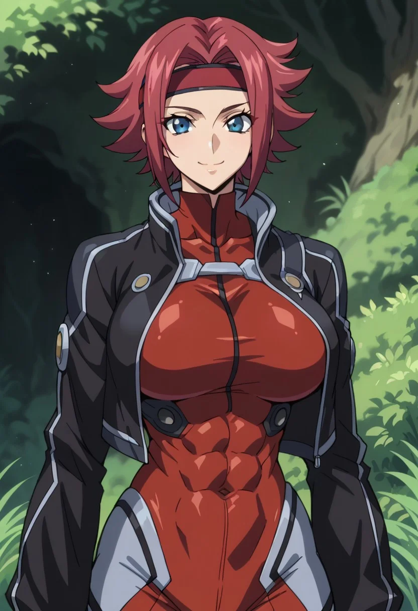 score_9, score_8_up, score_7_up, score_6_up, BREAK,
1girl, solo, red hair, short hair, blue eyes, large breasts, Black jacket, red headband, body suit, pilot suit,
torso, beautiful face, (revealing clothes), (tight outfit: 1.3), tall girl, sexy smile, abs, very fit, muscles, toned, huge breasts, slut, whore, round breasts, breasts together,