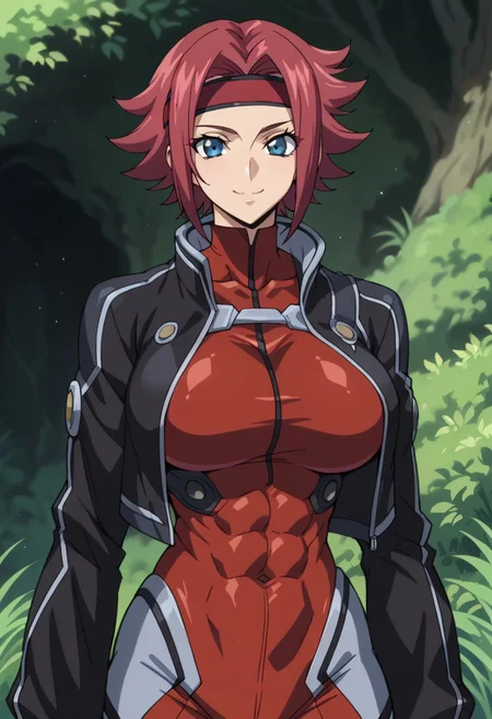score_9, score_8_up, score_7_up, score_6_up, BREAK,
1girl, solo, red hair, short hair, blue eyes, large breasts, Black jacket, red headband, body suit, pilot suit,
torso, beautiful face, (revealing clothes), (tight outfit: 1.3), tall girl, sexy smile, abs, very fit, muscles, toned, huge breasts, slut, whore, round breasts, breasts together,