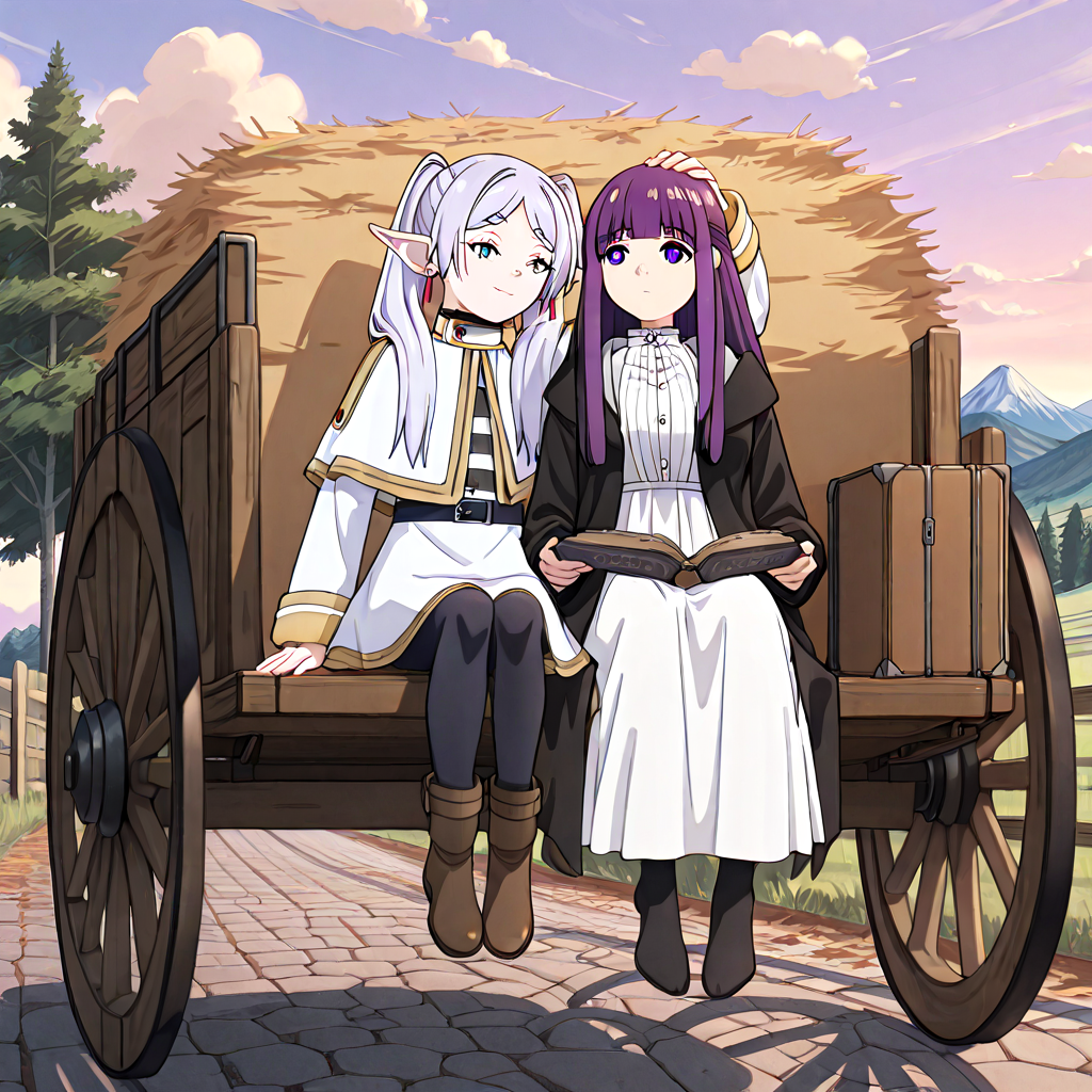 absurdres, sensitive, 2girls, frieren, fern, sitting, hay cart, hay, wagon, elf, grey hair, twintails, capelet, black pantyhose, purple hair, long hair, straight hair, white dress, long sleeves, robe, open book, holding book, suitcase, sky, cloud, tree, rural, fence, mountain, stone road, hand on another's head, headpat, smile, expressionless, riding, shadow, from below, <lora:haycart_ilxl:1>