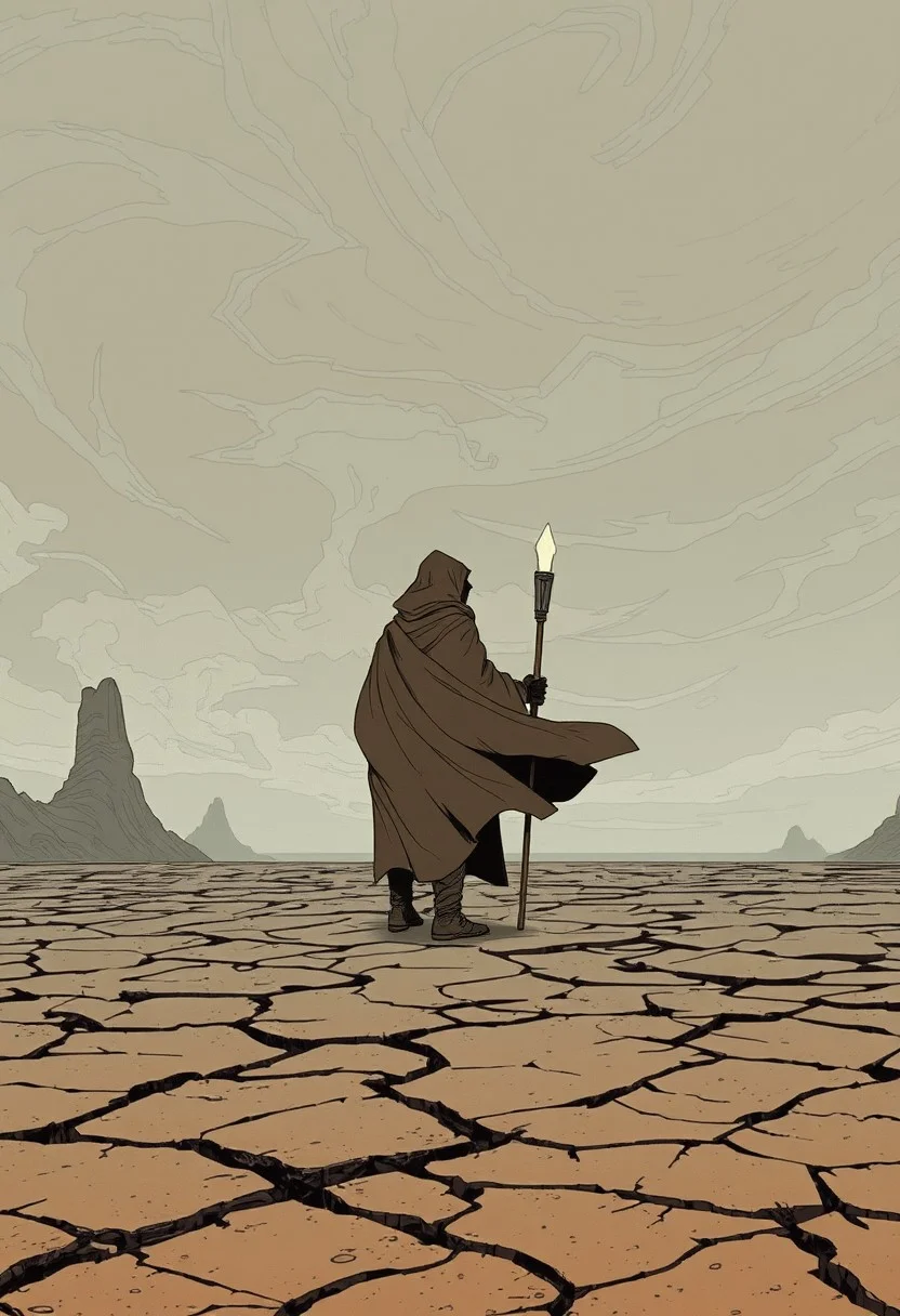 frank frazzeta ghibli and moebius inspired post-apocalyptic wasteland setting, era ancient future, muted colors with stark contrasts, solo, a lone sorcerer stands on a cracked, barren landscape, their cloak billowing in the wind, ¬the sky above them is filled with swirling clouds in muted grays, and their staff glows faintly with magical energy, simple and desolate, the contrast between the figure and the bleak environment emphasizes their isolation.