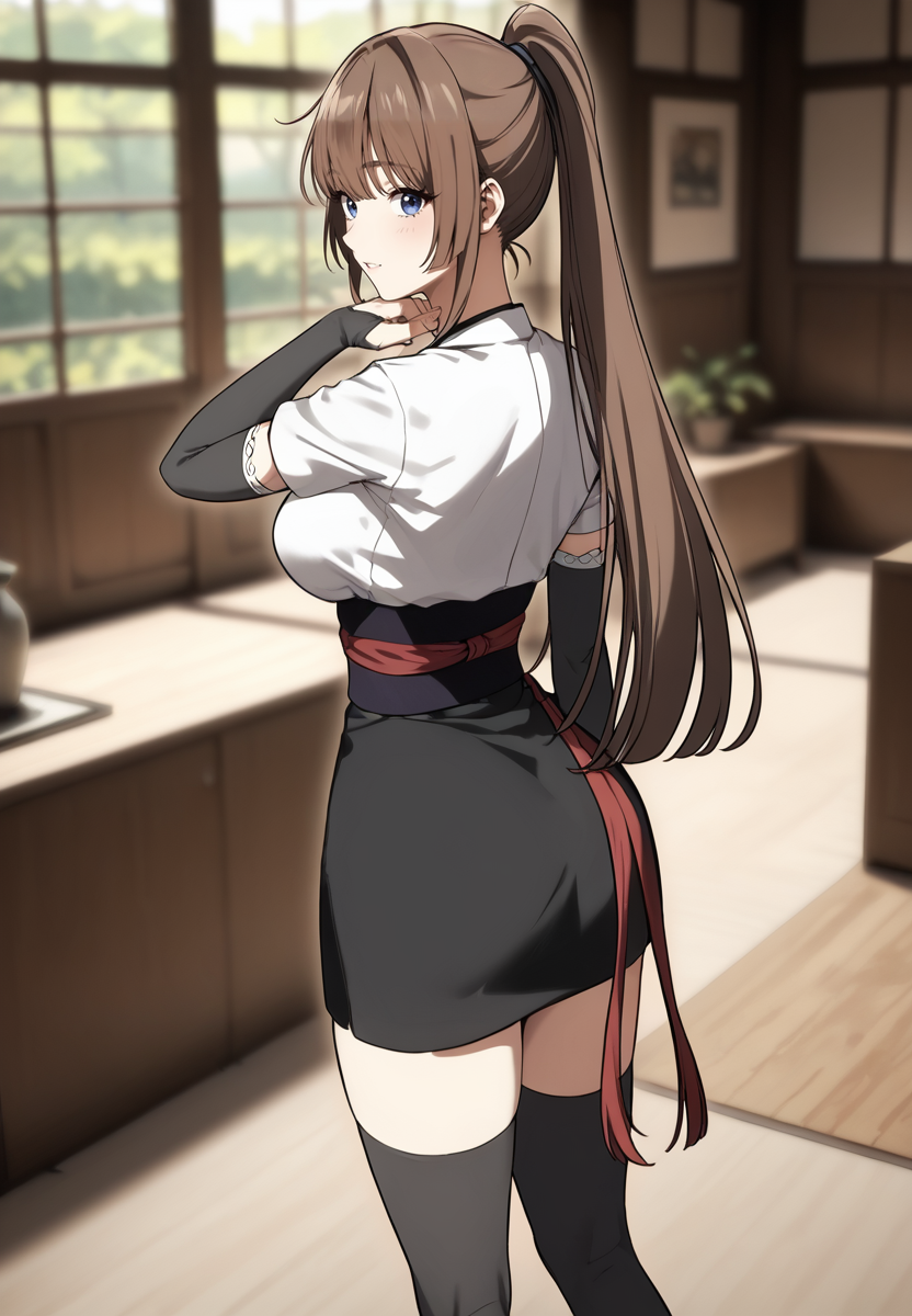 zPDXL3, score_9_up, score_8_up, score_7_up, (Anime_source),Masterpiece,(perfect female body:1.2), small waist,(incredibly detailed:1.4), slim, beautiful fingers, beautiful white skin, Beautiful clear skin, (large breasts:1.4)  thighs, looking at viewer, big breasts, ass, perfect ass, <lora:Alicia_Arden_-_I_Killed_the_Player_of_the_Academy-Kaleid-PONY:0.8> aliciaarden, 1girl, brown hair, long hair ponytail, blue eyes, bangs, (facing viewer:1.5) standing, japanese clothes, black skirt, obi, red ribbon, black thighhighs, white kimono, elbow gloves