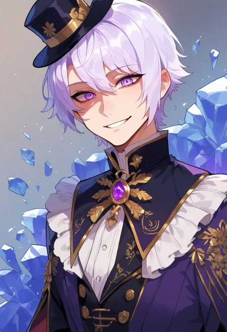 score_9, score_8_up, score_7_up, score_6_up, one anime style,1 boy, 20 year old, attractive, masterpiece, best quality, short white hair, purple tux with top hat, clear purple eyes, high detailed eyes, ice shards, purple glow, fake smile