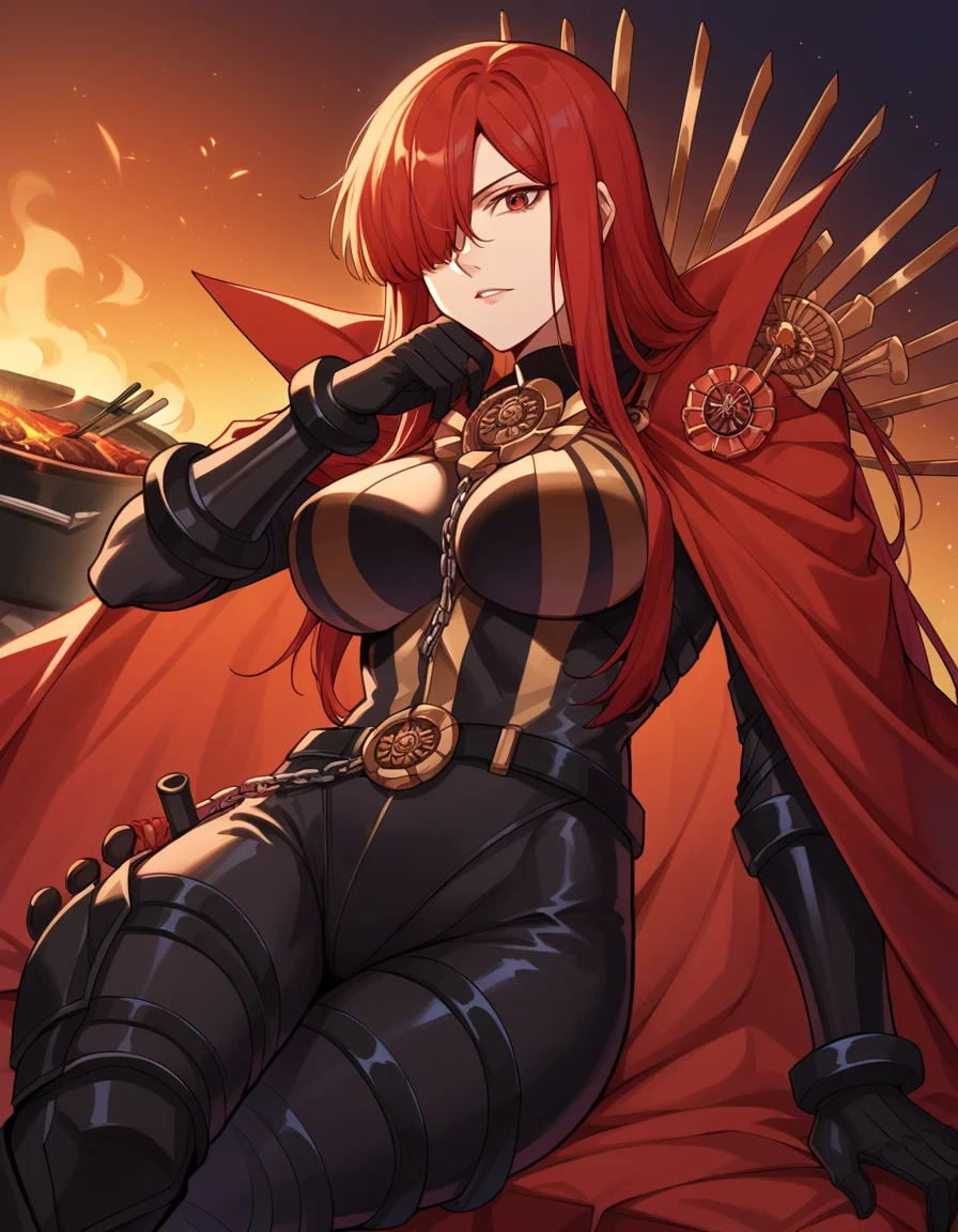 score_9, score_8_up, score_7_up, source_anime, <lora:fgo-oda-nobunaga-maou-ponyxl-lora-nochekaiser:1>, oda nobunaga maou, hair over one eye, long hair, red eyes, red hair, large breasts,, armor, belt, black bodysuit, bodysuit, bracer, breastplate, cape, chain, collared cape, family crest, medallion, oda uri, popped collar, red cape, sheath, thighs,, backyard, barbecue, grilling, laughter, summer evening, , , hand resting on chin, solo,, cowboy shot, dutch angle