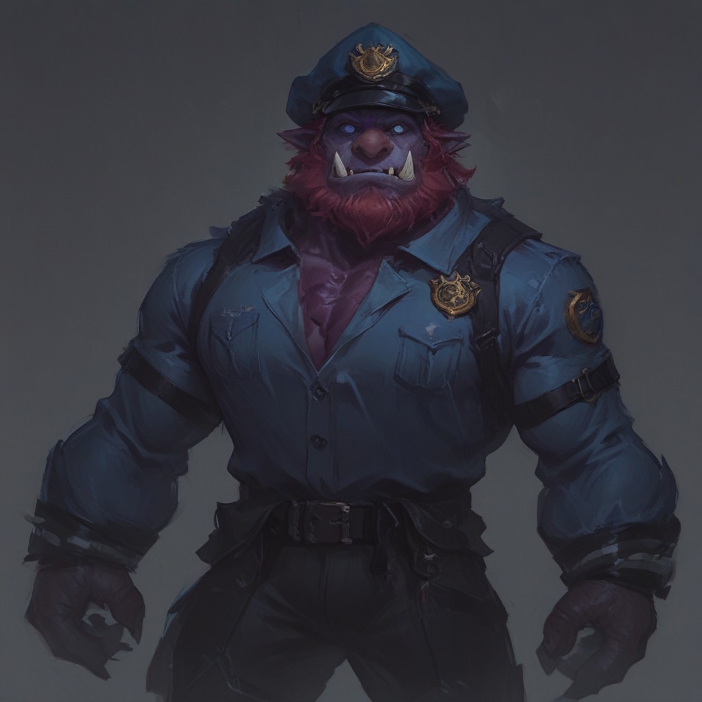 score_9 up, score_8 up, score_7up, solo, 
Trundle, purple skin, red hair, pink nose, tusks, facial hair, blue jacket, black pants, black gloves, long sleeves, 3 fingers, police badge, belt, chest strap, police uniform,
simple background, waist up,
tight clothes, wide shoulders, wide chest, small head, muscular