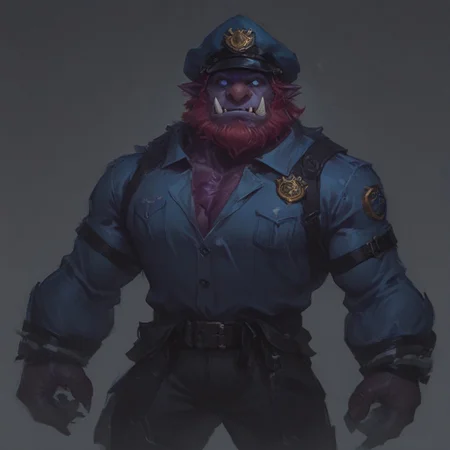score_9 up, score_8 up, score_7up, solo, 
Trundle, purple skin, red hair, pink nose, tusks, facial hair, blue jacket, black pants, black gloves, long sleeves, 3 fingers, police badge, belt, chest strap, police uniform,
simple background, waist up,
tight clothes, wide shoulders, wide chest, small head, muscular