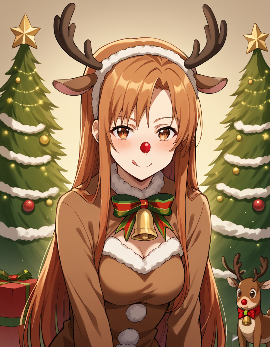 score_9, score_8_up, score_7_up, source_anime, <lora:asuna-yuuki-s1-ponyxl-lora-nochekaiser:1>, asuna yuuki, long hair, brown hair, brown eyes, medium breasts,, <lora:reindeer-costume-ponyxl-lora-nochekaiser:1>, reindeer costume, animal costume, reindeer antlers, antlers, fake antlers, reindeer hood, christmas, red nose, deer ears, deer tail, christmas tree, bell, horns, reindeer,, blush, smile, tongue out, looking at viewer,,
