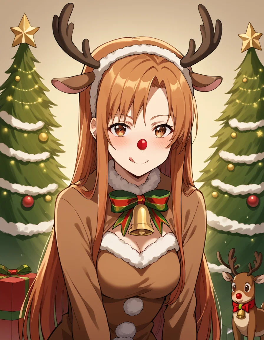 score_9, score_8_up, score_7_up, source_anime, <lora:asuna-yuuki-s1-ponyxl-lora-nochekaiser:1>, asuna yuuki, long hair, brown hair, brown eyes, medium breasts,, <lora:reindeer-costume-ponyxl-lora-nochekaiser:1>, reindeer costume, animal costume, reindeer antlers, antlers, fake antlers, reindeer hood, christmas, red nose, deer ears, deer tail, christmas tree, bell, horns, reindeer,, blush, smile, tongue out, looking at viewer,,