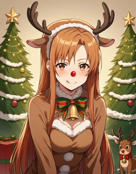 score_9, score_8_up, score_7_up, source_anime, <lora:asuna-yuuki-s1-ponyxl-lora-nochekaiser:1>, asuna yuuki, long hair, brown hair, brown eyes, medium breasts,, <lora:reindeer-costume-ponyxl-lora-nochekaiser:1>, reindeer costume, animal costume, reindeer antlers, antlers, fake antlers, reindeer hood, christmas, red nose, deer ears, deer tail, christmas tree, bell, horns, reindeer,, blush, smile, tongue out, looking at viewer,,