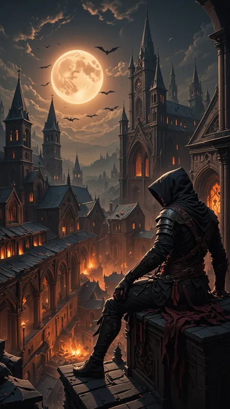 (Horde of Assassins Creed), polarized, at night, Sitting on the roof of ancient Church, looking down on to the burning city, Red Moon, filled with forbidden knowledge, where scholars and sorcerers search for lost spells among the dusty tomes. Ghostly guardians patrol the aisles, ready to protect the secrets within, dark magic and grotesque creatures abound, punk aesthetic, dark fantasy world combines grim landscapes with vibrant, Deep colorful art, heroes skirmish monstrous foes in a setting where rebellion, decay, and mysticism intertwine, crafting a unique, immersive vibe, hyper detailed, professional poster art, bold lines, award winning, trending on ArtStation , (intricate details, masterpiece, best quality), dynamic pose, (Use Dream Diffusion Secret Prompt), <lora:3D_Framed_Wall_Art_-_By_DICE:1>, (Framed 3D), UHD