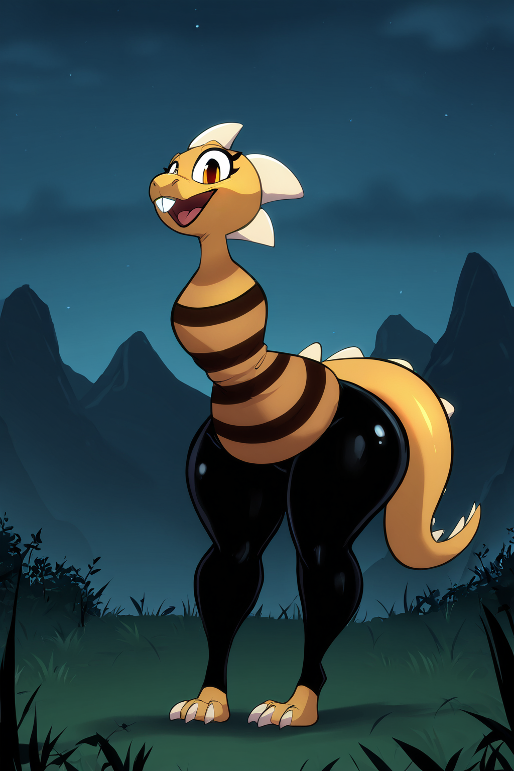 feminine, masterpiece, best quality, newest, absurdres, highres, seductive, monsterkidut, scalie, monster, (armless, amputee 1.4), striped shirt, outdoors, black leggings, buck teeth, dark setting,
BREAK
dynamic background,  <lora:Monster_Kid_Undertale_IL:1>