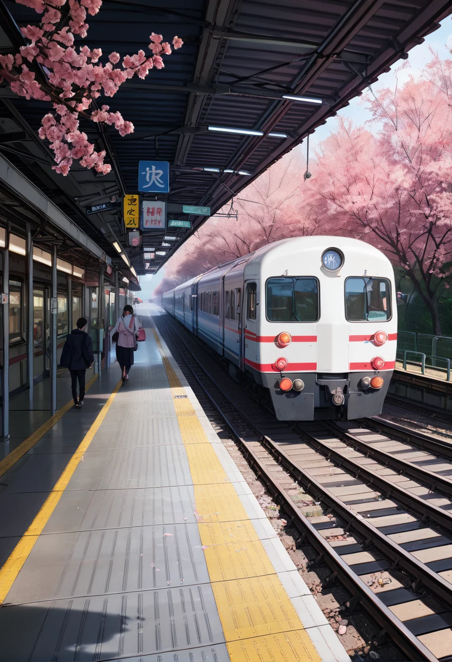 ,ruanyi0802,train station,cherry blossoms,<lora:802 Sakura Train Station_v1_pony:1>, score_9,score_8_up,score_7_up,,8k,1girl,solo,,