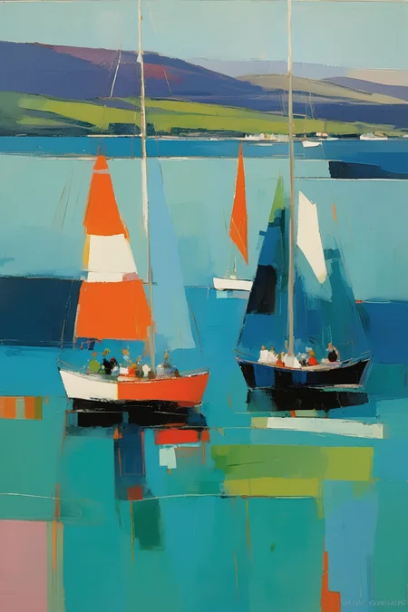 <lora:Raimonds Staprans Style:1>Raimonds Staprans Style - 102070. A painting by Raimonds Staprans. A painting of Loch Fyne and Tarbert highlights the majestic atmosphere and stunning coastline of this Scottish sea loch through a captivating fusion of Cubist and Fauvist styles. The scene features a flotilla of sailboats gracefully sailing the shimmering waters, dwarfed by the dramatic hills and the picturesque harbor of Tarbert, depicted in fractured shapes and striking colors. The composition conveys a sense of awe and the untamed beauty of sailing in this breathtaking location.