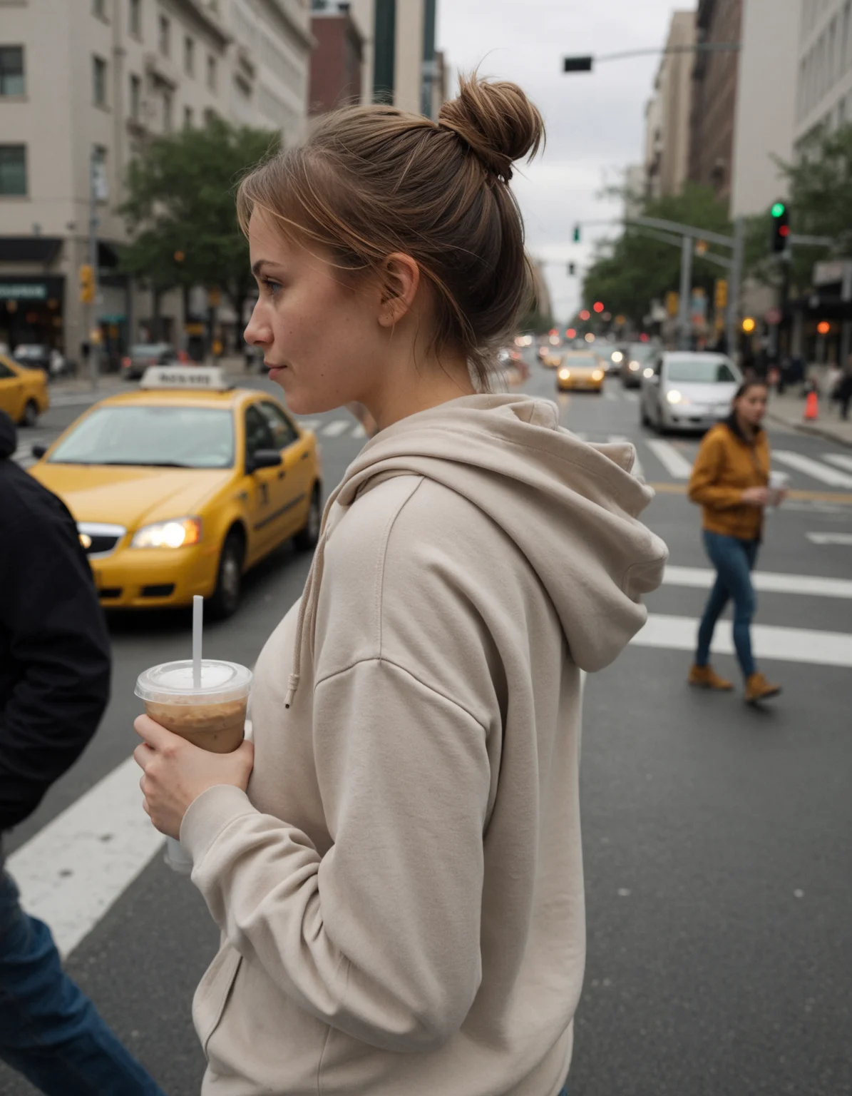 A spontaneous, unposed shot of a **27-year-old woman with light brown hair tied in a messy bun**, wearing a casual beige hoodie and faded jeans, walking down a busy city street while sipping an iced coffee. Sheâs mid-step, slightly turned to look at something off-camera, with a relaxed expression and a hint of curiosity in her eyes.
Pedestrians pass by in the background, slightly blurred, some engaged in conversations, while a few yellow taxis and a city bus are stopped at a traffic light. A man in the foreground, slightly out of focus, is looking at his phone.
The scene is captured on an **iPhone 15 Pro, 26mm lens, f/1.8, Smart HDR, realistic shallow depth of field**. The lighting is natural but slightly overcast, with soft shadows. The image has **minor motion blur on the moving cars and subtle lens distortion near the edges**, mimicking a casual, real-life smartphone photo.