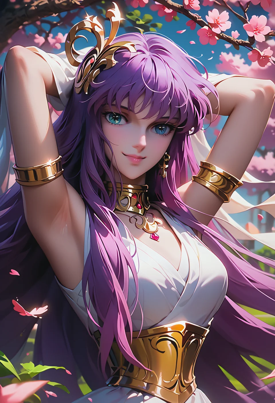 score_9, score_8_up, score_7_up,
<lora:SaoriKido_Pony_v11-12:1> athenakido, sleeveless dress, athena_accessories,
smile, headshot, Placing hands behind head,
serene courtyard with cherry blossom trees in bloom,