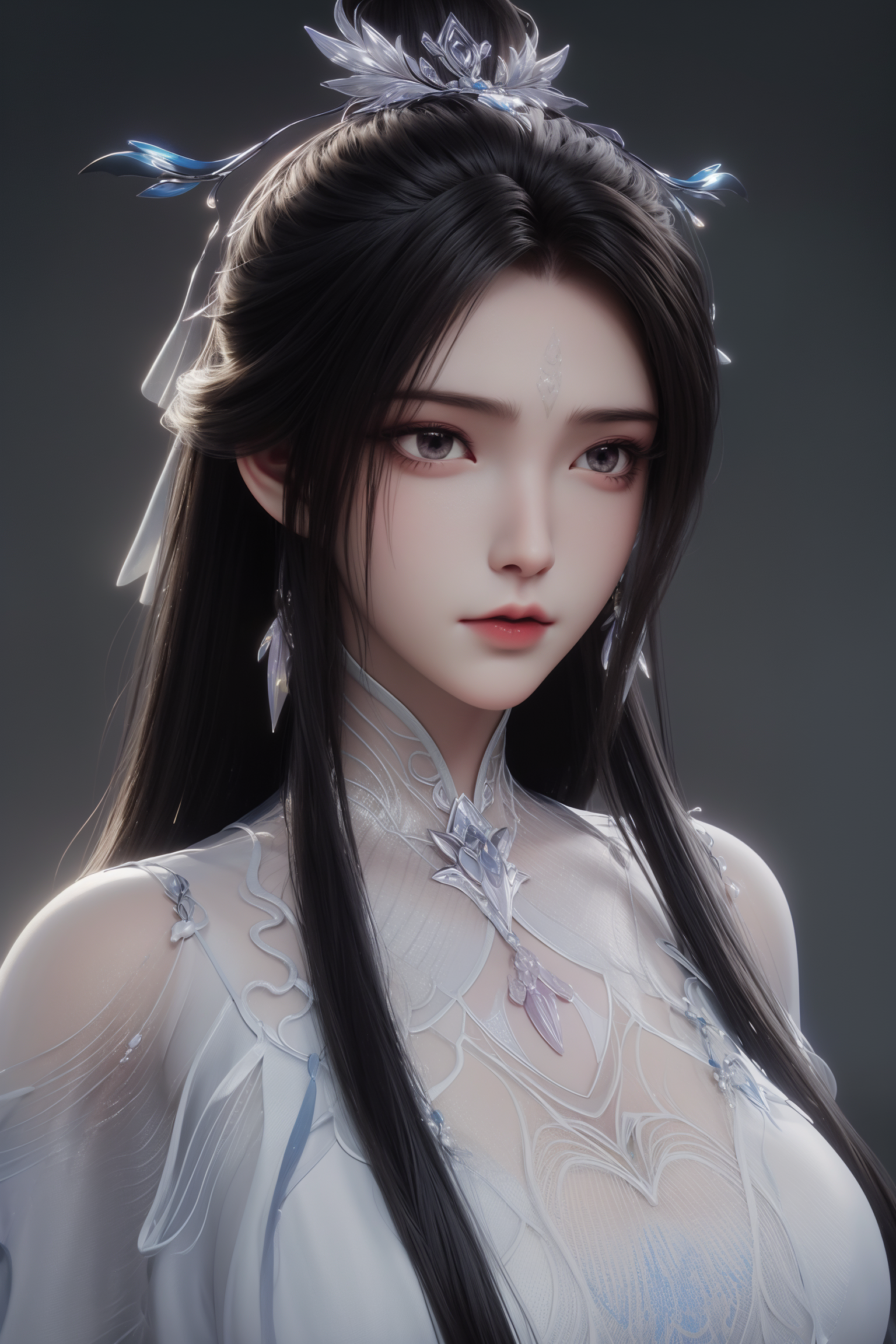 <lora:luxueqiCN:1>,luxueqi,
1girl,solo,jewelry,hair ornament,crystal earrings,earrings,long hair,black hair,forehead mark,upper body,crystal,crystal hair ornament,alpha transparency,see-through,hair bun,dress,grey background,white dress,facial mark,simple background,realistic,expressionless,single hair bun,closed mouth,, best quality , masterpiece, illustration, an extremely delicate and beautiful, extremely detailed ,CG,unity,8k wallpaper, Amazing, finely detail, masterpiece, best quality,official art,extremely detailed CG unity 8k wallpaper,absurdres, incredibly absurdres, huge filesize , ultra-detailed, highres, extremely detailed,beautiful detailed girl, extremely detailed eyes and face, beautiful detailed eyes,light on face,