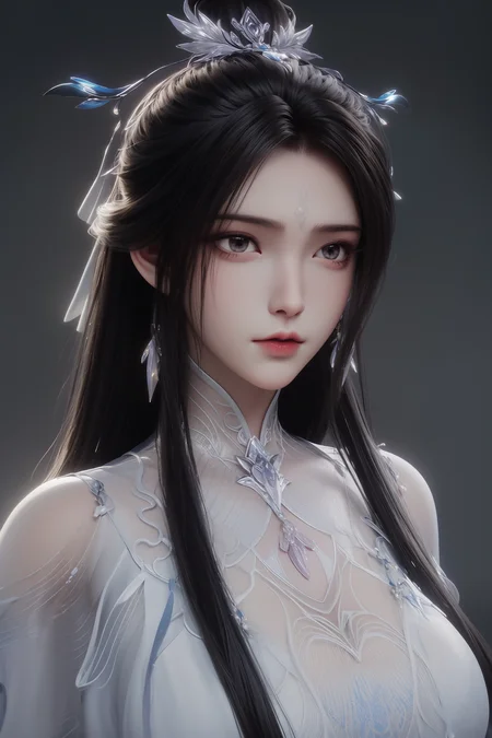 <lora:luxueqiCN:1>,luxueqi,
1girl,solo,jewelry,hair ornament,crystal earrings,earrings,long hair,black hair,forehead mark,upper body,crystal,crystal hair ornament,alpha transparency,see-through,hair bun,dress,grey background,white dress,facial mark,simple background,realistic,expressionless,single hair bun,closed mouth,, best quality , masterpiece, illustration, an extremely delicate and beautiful, extremely detailed ,CG,unity,8k wallpaper, Amazing, finely detail, masterpiece, best quality,official art,extremely detailed CG unity 8k wallpaper,absurdres, incredibly absurdres, huge filesize , ultra-detailed, highres, extremely detailed,beautiful detailed girl, extremely detailed eyes and face, beautiful detailed eyes,light on face,