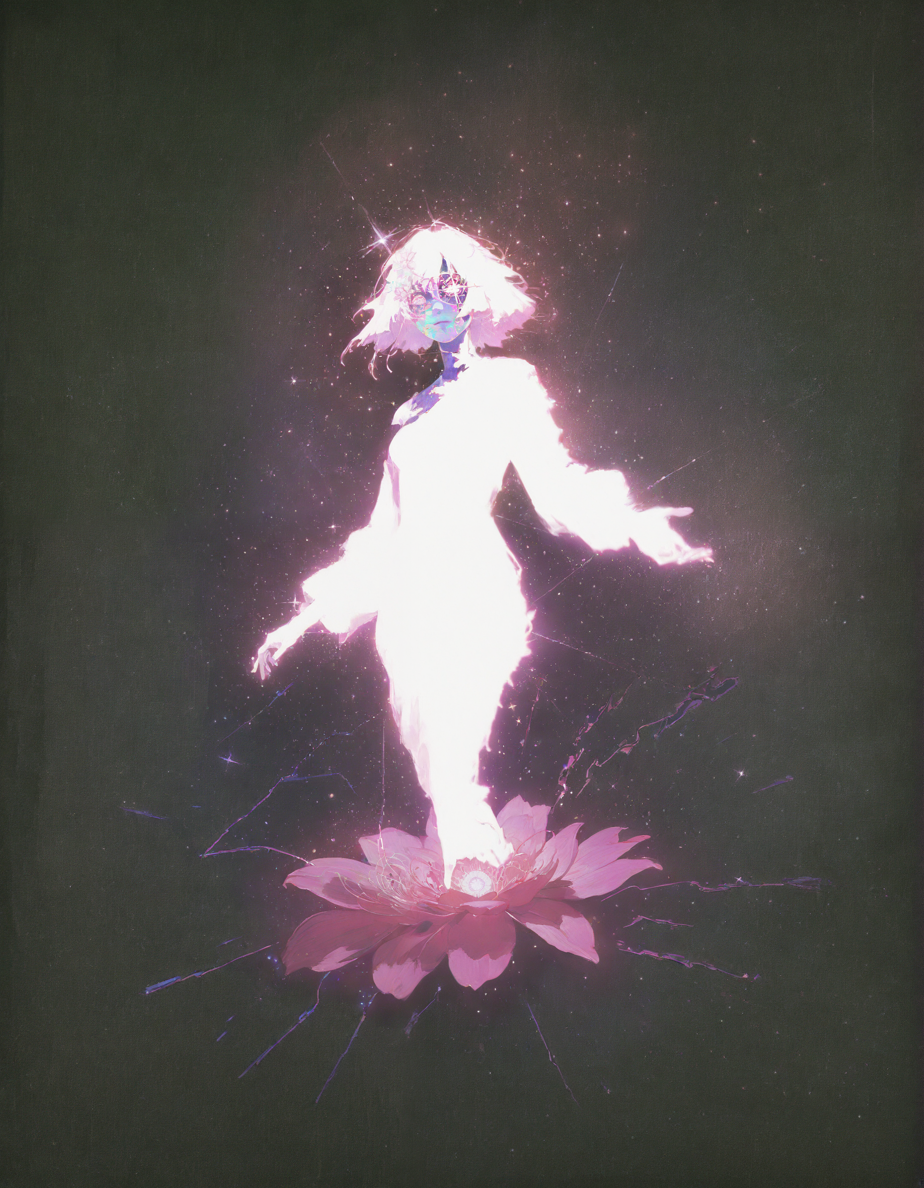 <lora:114558v4df2fsdf5:1>,Glowing ethereal figure, abstract face, bright white light, pink flower eye, sparkling particles, dark background, neon outline, surreal portrait, digital art, cyberpunk aesthetic, mystical aura, cosmic energy, luminous being, otherworldly presence, dream-like imagery, futuristic concept art, high contrast, ethereal glow, astral projection, consciousness visualization
,<lora:69yottea_illu_v2:1>