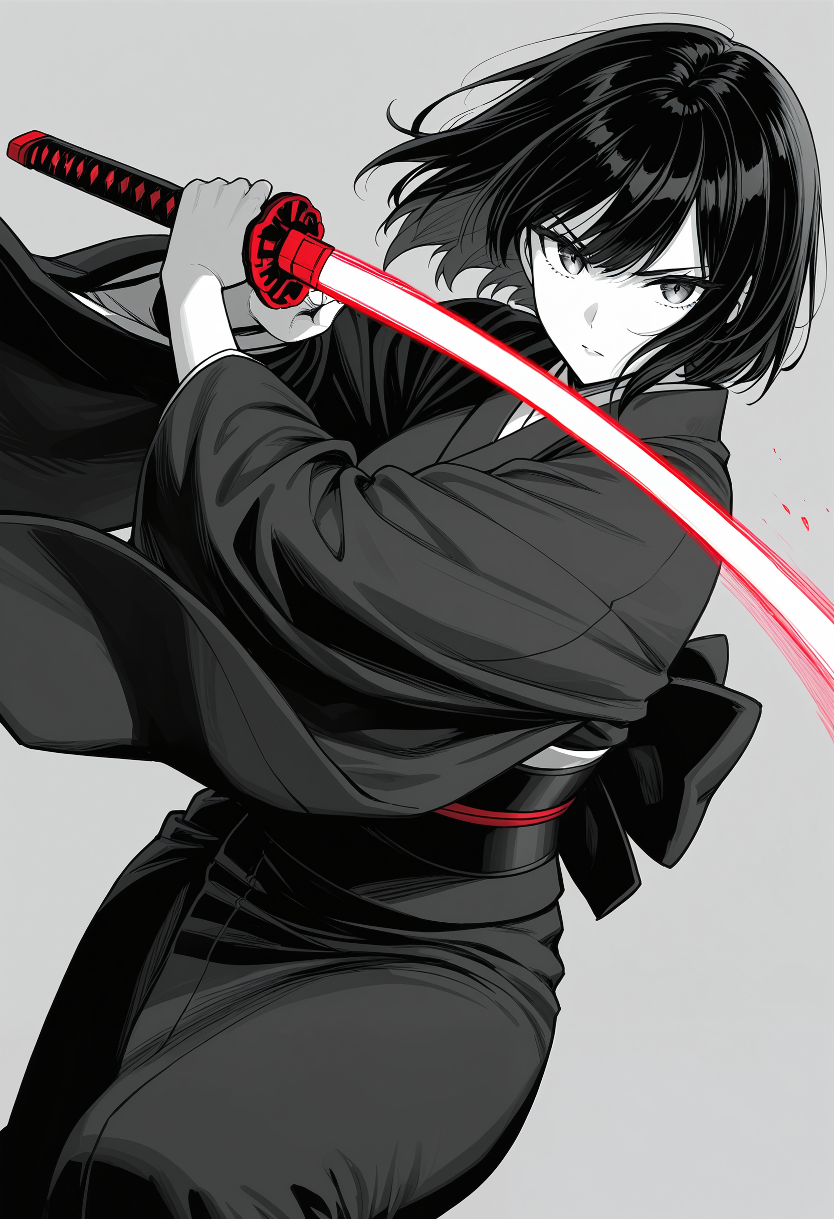 masterpiece, best quality, absurdres, knibor, monochrome, greyscale,
1girl, solo, kimono, katana, energy sword, red sword, fighting stance, slashing,
simple background