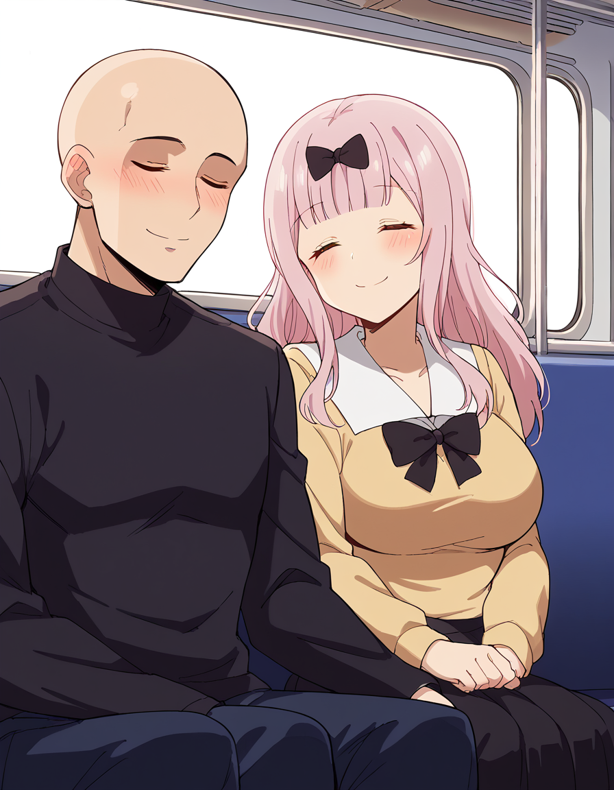 score_9, score_8_up, score_7_up, source_anime, <lora:chika-fujiwara-s3-ponyxl-lora-nochekaiser:1>, chika fujiwara, long hair, bangs, bow, pink hair, hair bow, blunt bangs, black bow, large breasts,, <lora:leaning-on-person-side-by-side-ponyxl-lora-nochekaiser:1>, leaning on person side-by-side, sitting, hetero, sleeping, couple, train interior, leaning on person, school uniform, faceless male, bald, faceless, smile, blush, closed eyes,,