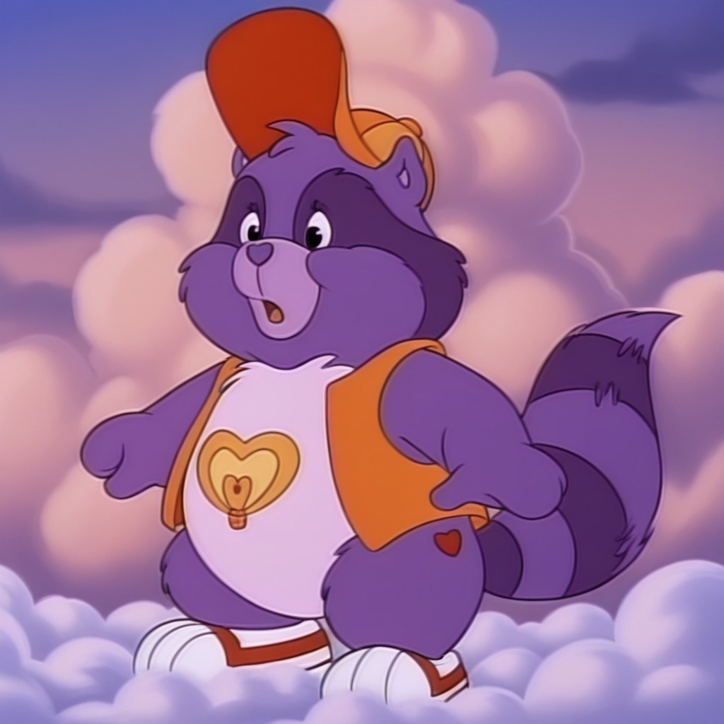 masterpiece, best quality, amazing quality,  brighthrtilv2, semi-anthro, male, raccoon_boy, purple fur, black eyes, tail, orange hat, orange vest, white shoes red trim, tummy symbol, standing, on a cloud, cloud background