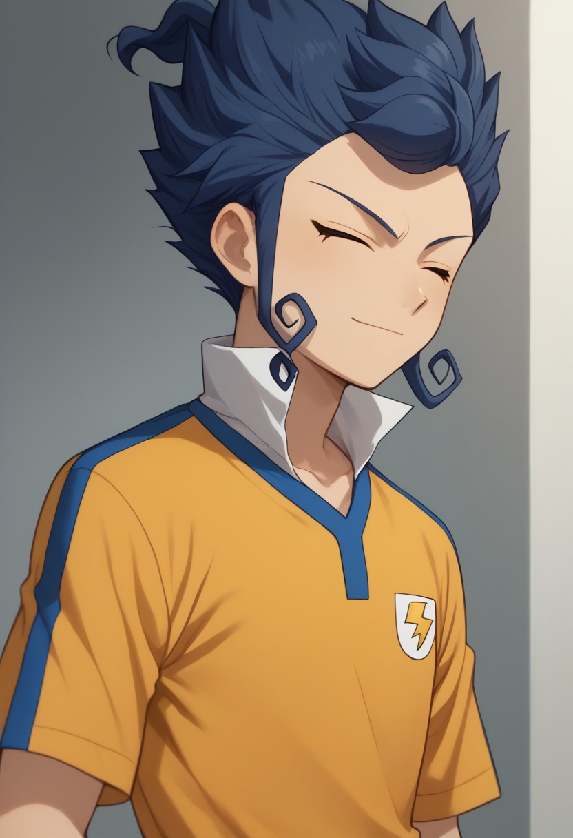 score_9, score_8_up, score_7_up, source_anime, highly detailed, 
tsurugi, 1boy, male focus, solo, blue hair, closed eyes, sportwear, raimon, raimon soccer uniform, shirt, yellow shirt, short sleeves, shorts, blue shorts, upper body, light smile
outdoor,