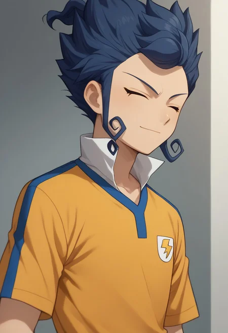 score_9, score_8_up, score_7_up, source_anime, highly detailed, 
tsurugi, 1boy, male focus, solo, blue hair, closed eyes, sportwear, raimon, raimon soccer uniform, shirt, yellow shirt, short sleeves, shorts, blue shorts, upper body, light smile
outdoor,